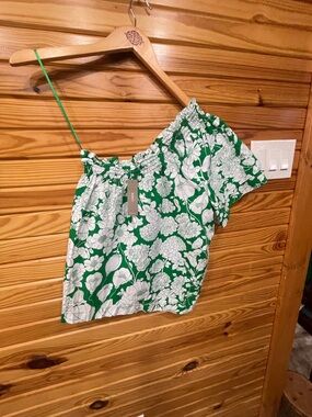 J. Crew Green and White Floral One-Shoulder Crop Top